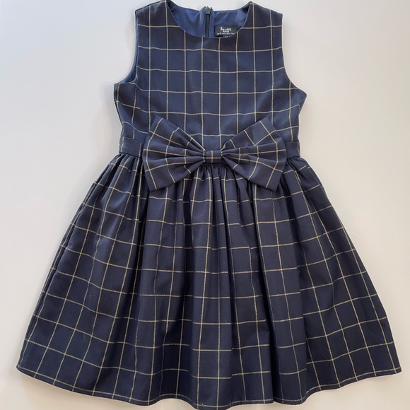 HP! Bardot Junior Navy & Gold Windowpane Dress with Bow Girls Size 14 - Picture 2 of 10